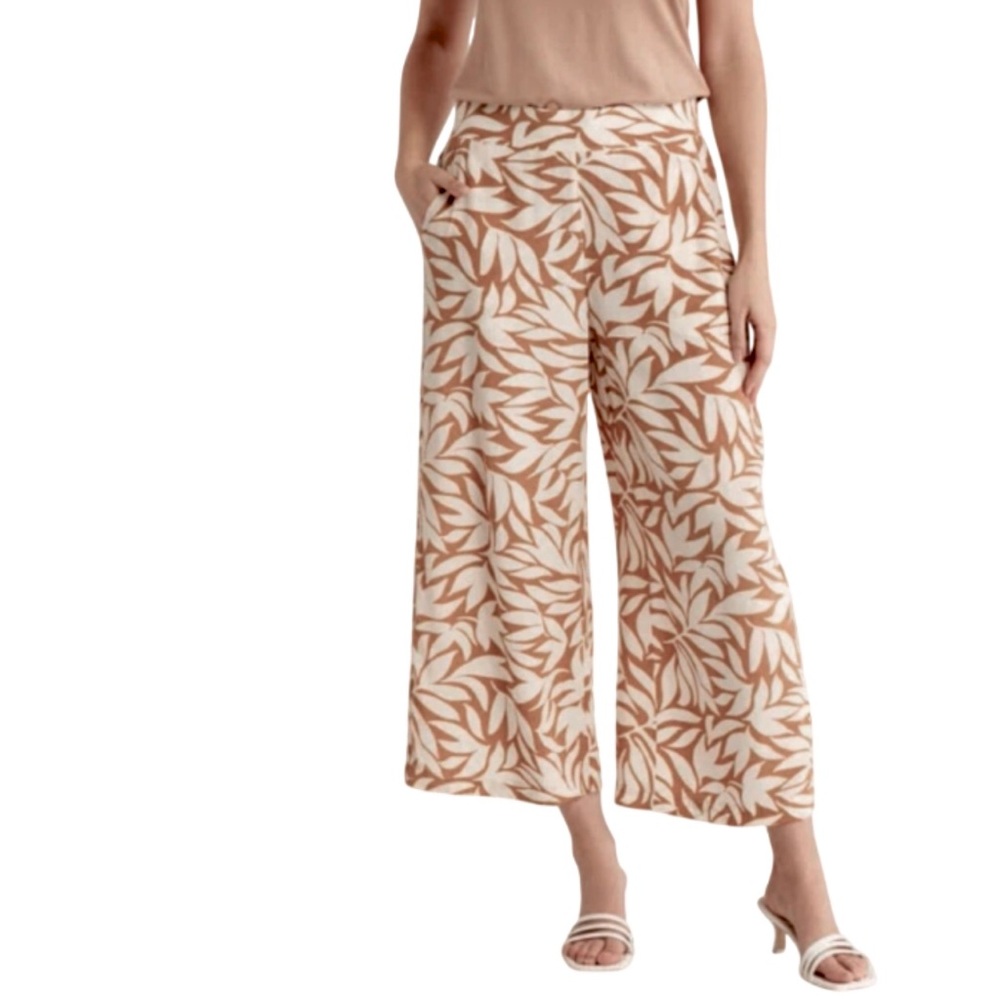 T Tahari Ankle Crop Wide Leg Palazzo Pants Cream Toffee Ivy Leaf Size 3X